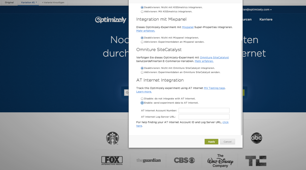 Screenshot der One-Klick Integration