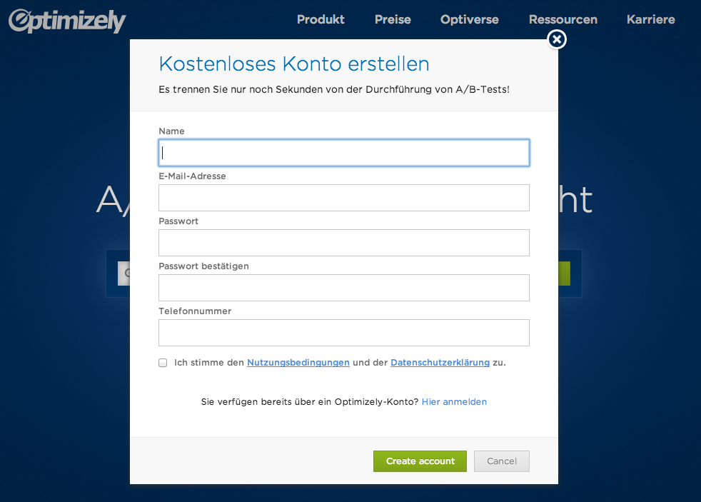 Anmeldeformular Optimizely