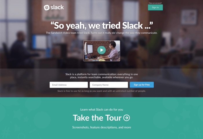 Landing Page von Slack