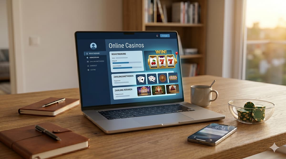 Ein Laptop und subtle Casino-Chips auf einem Holzschreibtisch, die einen Online Casino Test in einem modernen Heimbüro darstellen.
